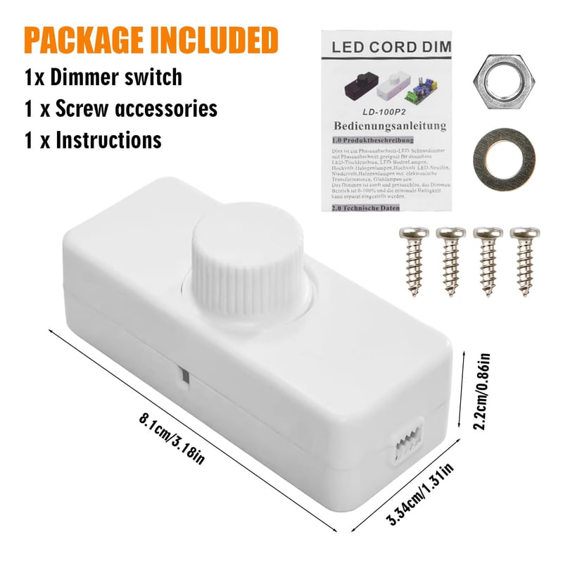LED Dimmer Kapcsoló: Fehér, Zajtalan, 3-100W, 220-240V, Zsinóros, Halogén és LED Lámpákhoz