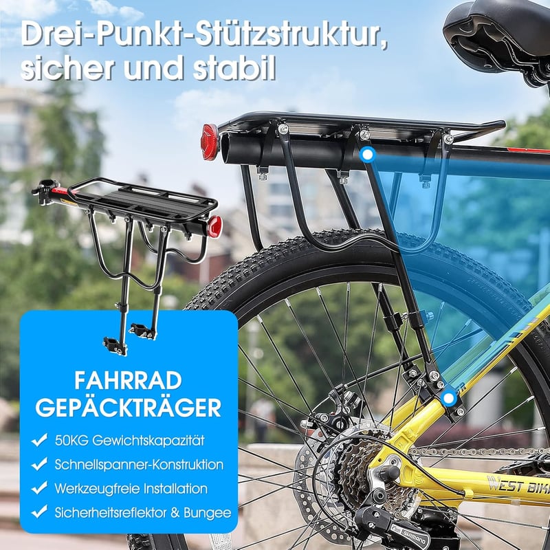 West Biking Alumínium Kerékpár Csomagtartó - Univerzális Hátsó Tartó 50kg Teherbírással, 24-29" Kerekekhez, MTB, Országúti és Fat Bike Kompa