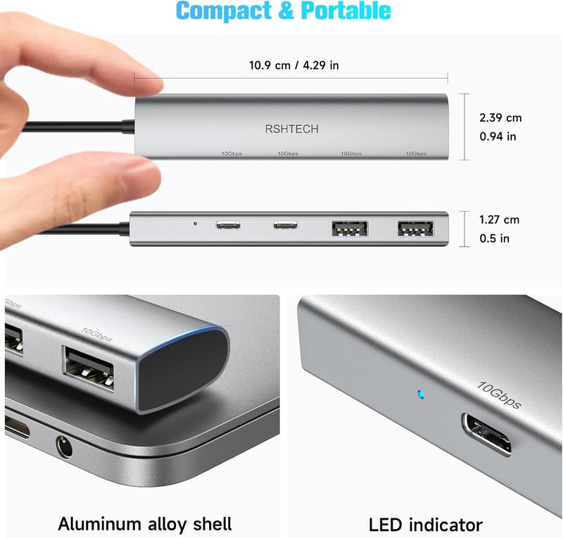 RSHTECH 10Gbps USB-C Hub: 4 portos, MacBook M2/M1 kompatibilis, ultravékony alumínium elosztó