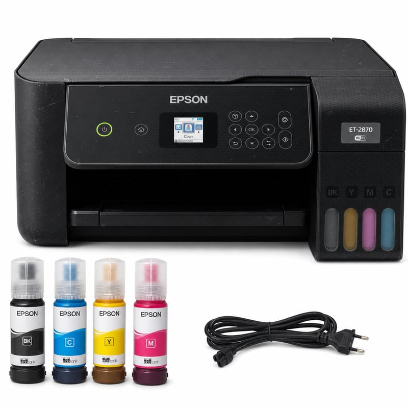 Multifunkčná atramentová tlačiareň Epson EcoTank ET-2870 formátu A4 s Wi-Fi, kopírkou, skenerom a LCD displejom — zaschnutý atrament (stav: pozri 2. obrázok)