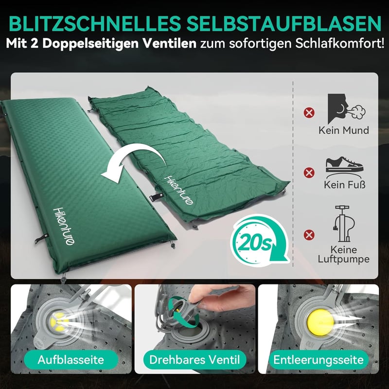 HIKENTURE Önfelfújó Kempingmatrac 10 cm Vastag, Memóriahabos Túramatrac Kültéri Alváshoz, Sátrazáshoz, Túrázáshoz, Utazáshoz - Sötétzöld, 19