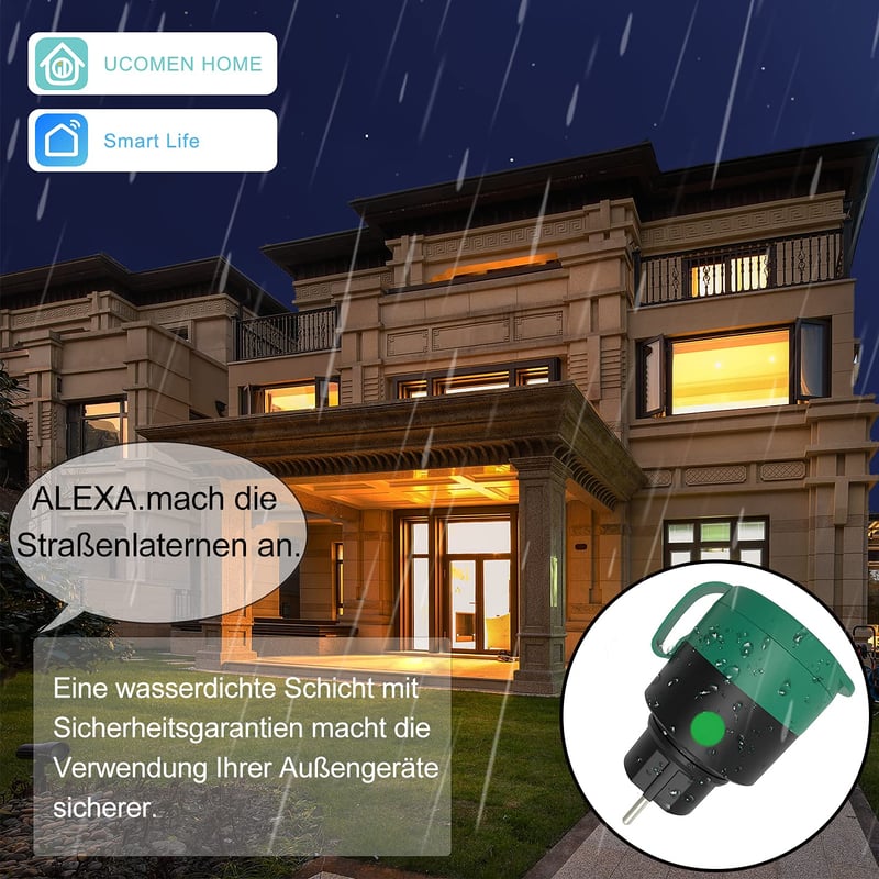 UCOMEN Kültéri WiFi Okos Konnektor - Vízálló, 16A, Alexa és Google Home Kompatibilis