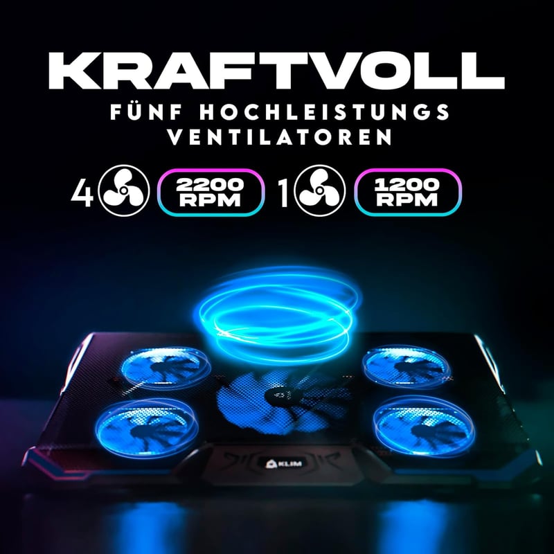 KLIM Cyclone Laptop Hűtő és Állvány - 5 Ventilátoros Hűtőpad Túlmelegedés Ellen - Kompatibilis PC, PS4, Xbox One, 11-19" Laptopokkal - Kék