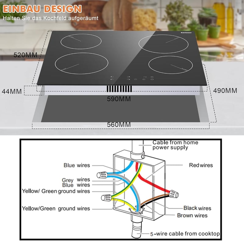 Karinear 60 cm-es üvegkerámia főzőlap 4 égővel, 6000 W, gyermekzár és időzítő