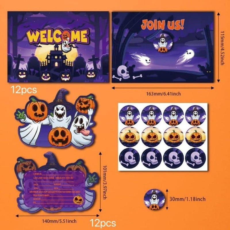 Lila Halloween Meghívó Szett 12 db Borítékkal és Címkékkel