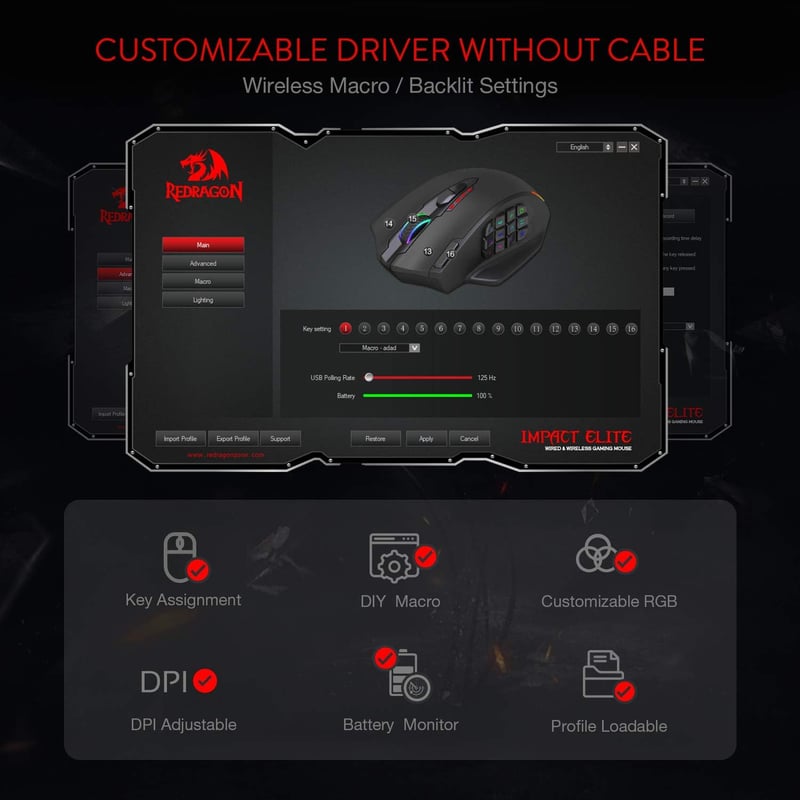 Redragon M913 Impact Elite vezeték nélküli gamer egér, 16000 DPI, 20 programozható gomb, 45 órás akkumulátor, RGB világítás, 12 oldalsó gomb