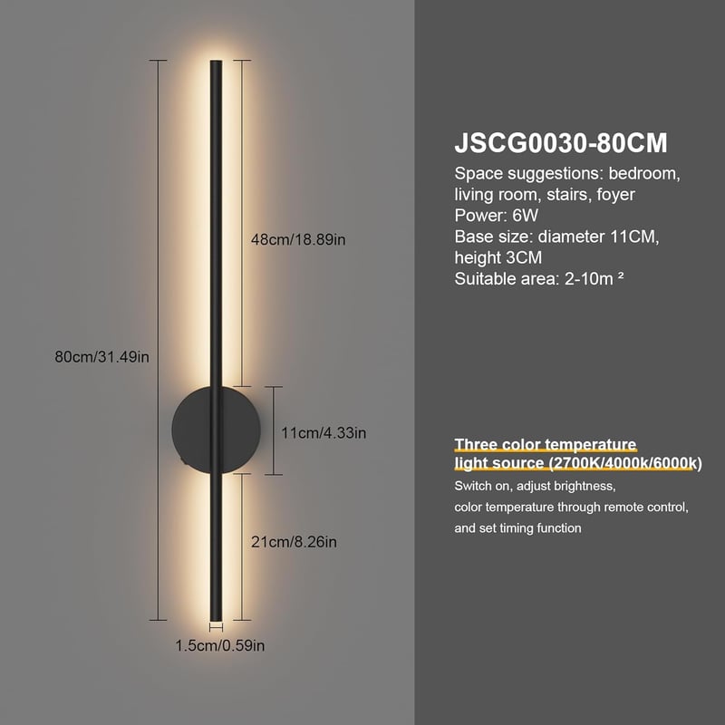 Aipsun Akkumulátoros Fali Lámpa 10000 mAh - 80 cm Távirányítós LED Világítás Időzítővel, Fényerőszabályzóval, Vezeték Nélküli Modern Fekete 