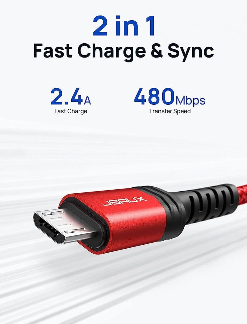 JSAUX 2m-es Piros Micro USB Gyorstöltő Kábel, 2db Szett