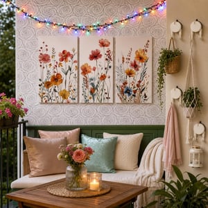 Set decorativ fără găurire: 4 cârlige + autocolant + 7m tapet + tablou 3 piese + 21m ghirlandă LED