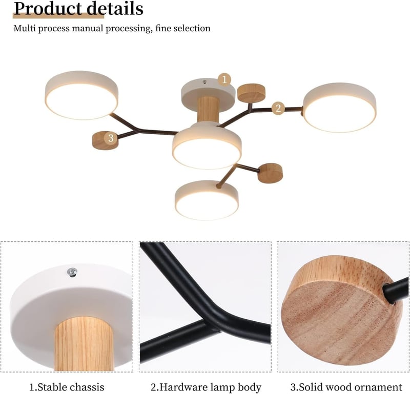 Schindora 4 Fejes LED Mennyezeti Lámpa, 36W Semleges Fehér 4500K, 66cm Fa Dekorációs Világítás Nappaliba, Konyhába, Irodába