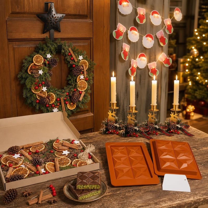 Pachet Advent Magic: suport coroană + 107 decorațiuni + 4 sfeșnice + 10 LED-uri
