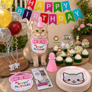 Pet Party Set: 2 coliere + bandană + pălărie + 10 bannere + 24 decorațiuni tort + recompensă + 50 farfurii