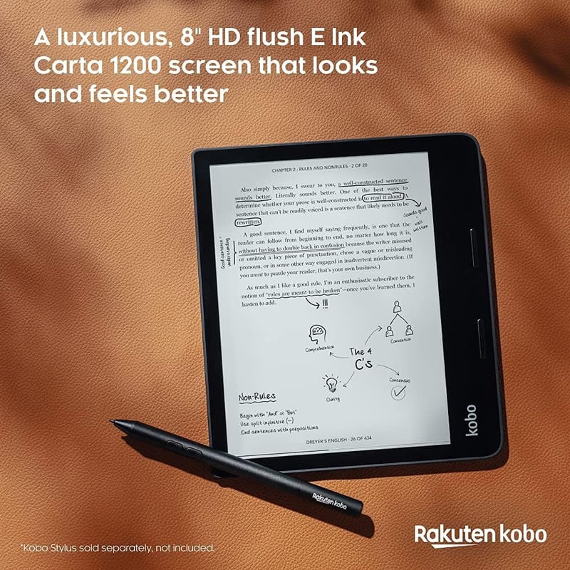 Kobo Sage E-könyv Olvasó - 8" HD Érintőkijelző, Vízálló, 32GB, Állítható Fényerő, Kék Fény Szűrő, Bluetooth, WiFi, E Ink Carta Technológia
