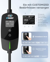 EVDANCE Type 2 Elektromos Autó Töltőkábel Schuko 3,68 kW, 6,1m, Időzíthető 0-12 Óra, 1-Fázisú, 6-16A, Elektromos és Hibrid Járművekhez 3