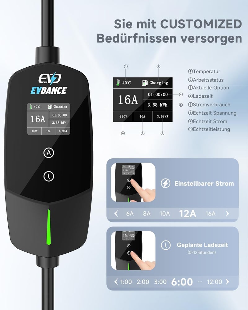 EVDANCE Type 2 Elektromos Autó Töltőkábel Schuko 3,68 kW, 6,1m, Időzíthető 0-12 Óra, 1-Fázisú, 6-16A, Elektromos és Hibrid Járművekhez