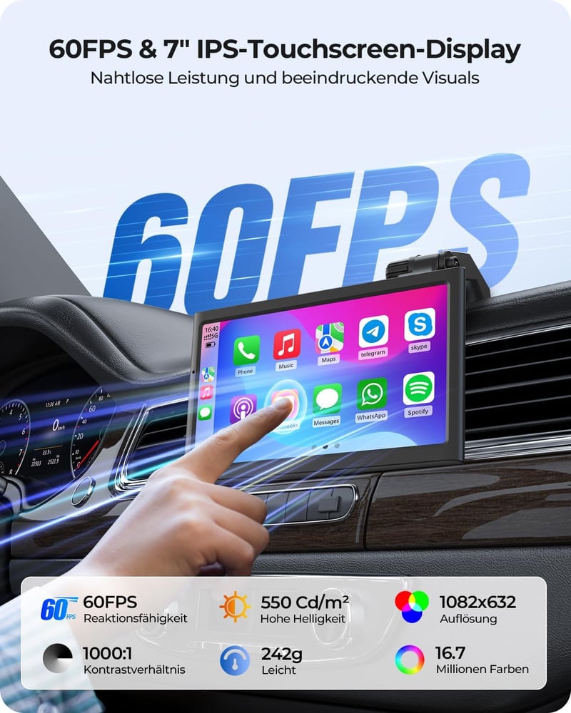 Krunia 7" Vezeték Nélküli Autós Kijelző 60FPS - Apple CarPlay & Android Auto Támogatás, Álló/Fekvő Mód, Hangvezérlés, GPS Navigáció, Tolatók