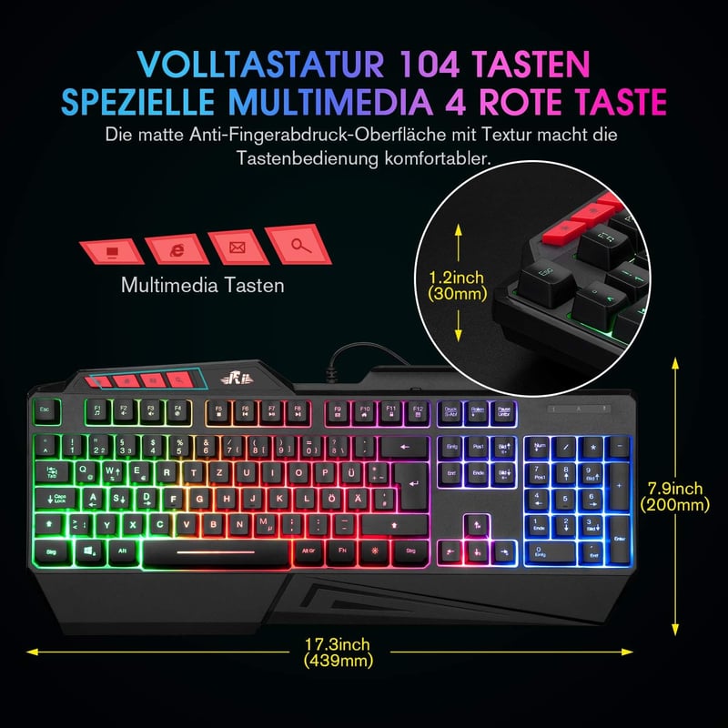 Rii RK202 Gaming Billentyűzet, RGB Háttérvilágítású USB Gamer Klaviatúra 19 Anti-Ghosting Funkcióval, PC/Laptop/PS4/Xbox One Kompatibilis - B086DC4MRL