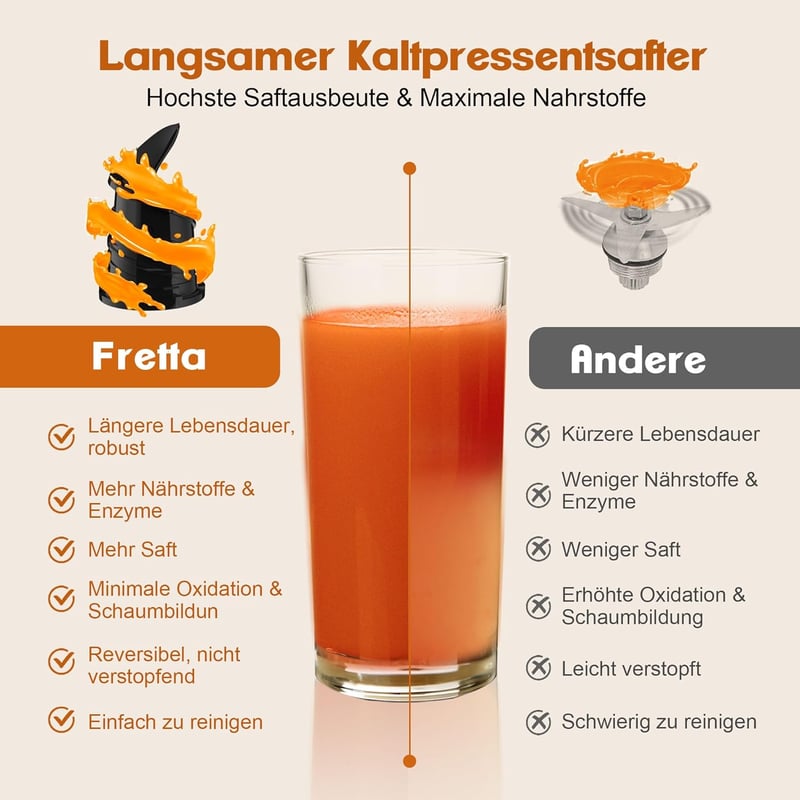 Fretta Slow Juicer 250W Gyümölcs- és Zöldségprés - Rozsdamentes Acél Hidegprés 135mm Széles Adagolónyílással, Visszaforgató Funkcióval, BPA-