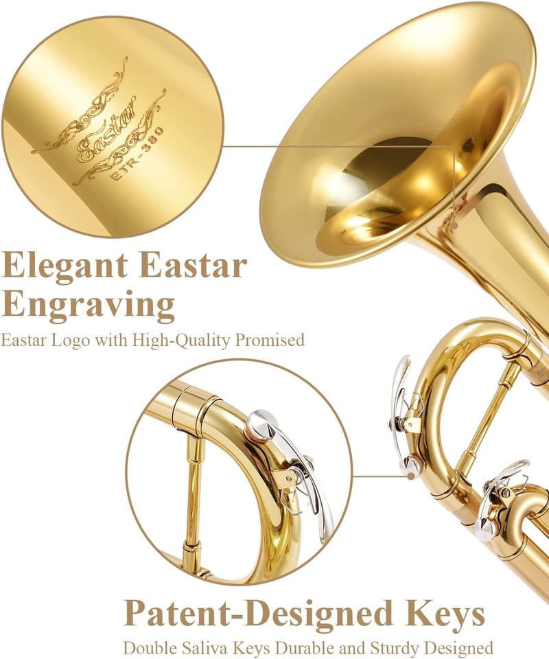 Eastar ETR-380 B-hangolású Trombita Kezdőknek - Réz Hangszer Kemény Tokkal, Tisztító Készlettel, 7C Fúvókával és Kesztyűvel, Arany Színben

