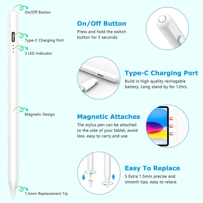 Apple iPad Stylus Toll - Fehér, Gombos - Kompatibilis 2018-2023 Modellekkel