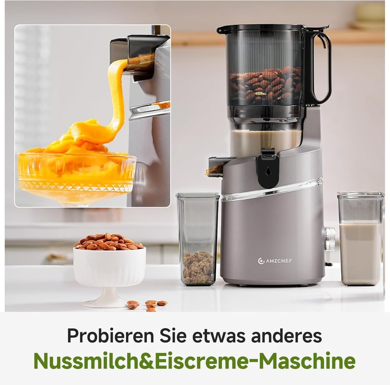 AMZCHEF Automata Gyümölcs- és Zöldségprés 250W - Széles 135mm Adagolónyílás, 1,8L Kapacitás, Hármas Szűrőrendszer, Hidegpréselés, Csendes Mo
