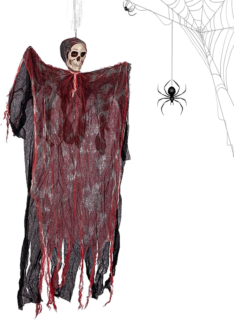 Yaixu Halloween Csontváz Dekoráció Szett - Függő Koponya Pókokkal és Pókhálóval - Kültéri/Beltéri Horror Dekor Kísértetházhoz, Partikhoz