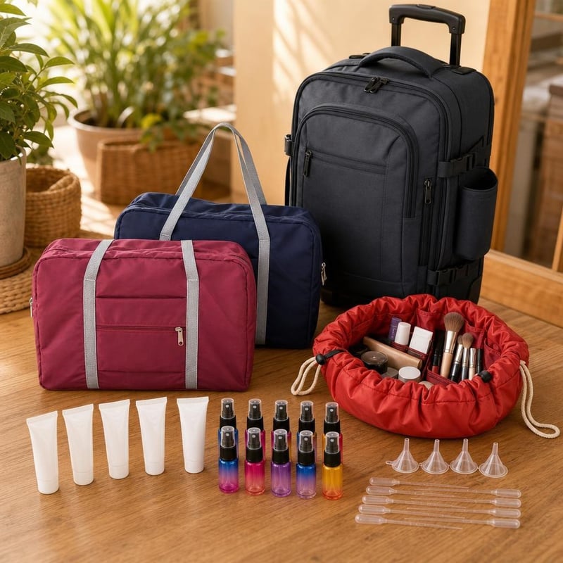 Cestovný set do lietadla: 2x taška + 5x 100ml tuba + 10x 5ml sprej + kozmetická taška + 30l batoh