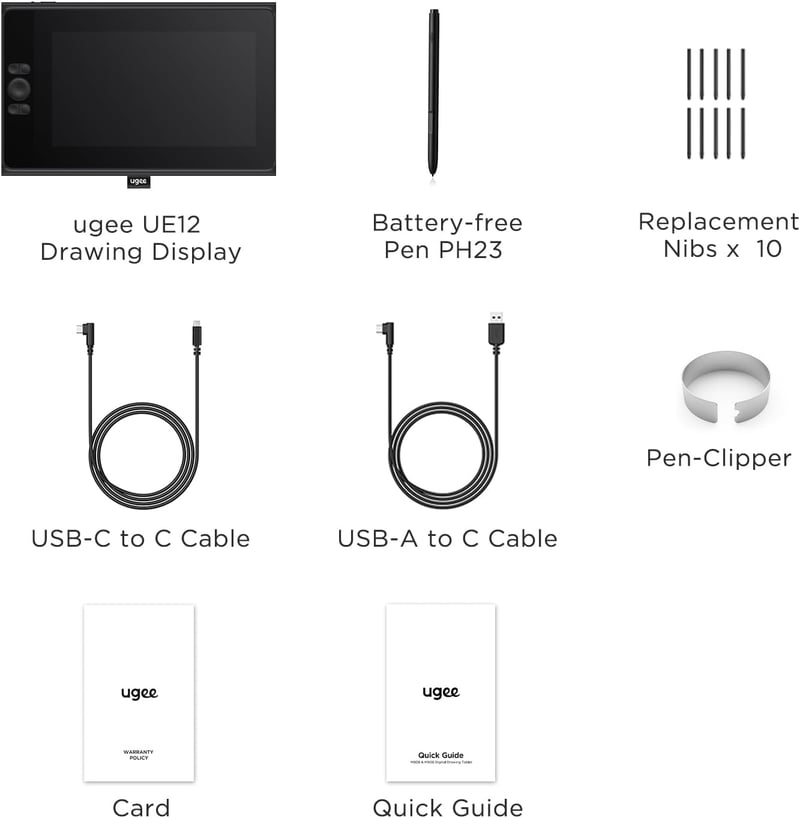 UGEE UE12 11,6" Grafikus Tablet Kijelzővel - 124% sRGB Színtér, 8 Gyorsgomb, Akkumentes Toll, Windows/Mac/Android Kompatibilis, Otthoni Munka
