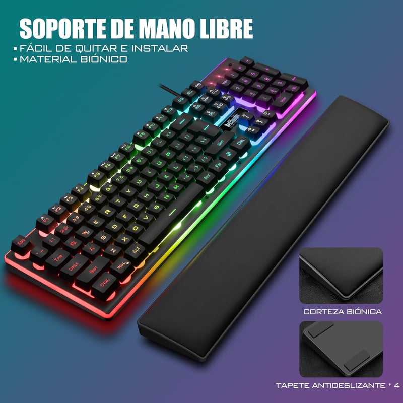 RedThunder K10 3-in-1 Gamer Billentyűzet és Egér Szett Bőr Csuklótámasszal, RGB Háttérvilágítás, Mechanikus Érintés, Spanyol Kiosztás, 7200