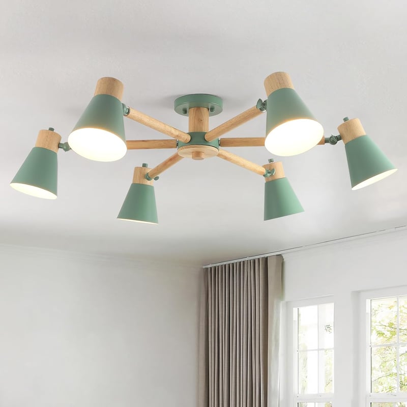 Schindora Zöld Mennyezeti Lámpa 6 Izzóval - 82 cm Fa és Vas Étkezőasztal Csillár, Állítható Karokkal, Modern Világítás Nappaliba, Konyhába, 