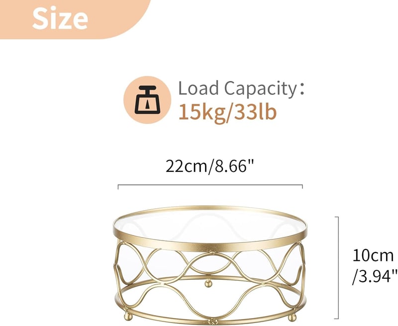 NUPTIO Arany Kerek Tortatartó 22 cm - Fém Süteménykínáló Akril Tálcával Esküvőre, Születésnapra, Babaváróra, 15 kg Teherbírással