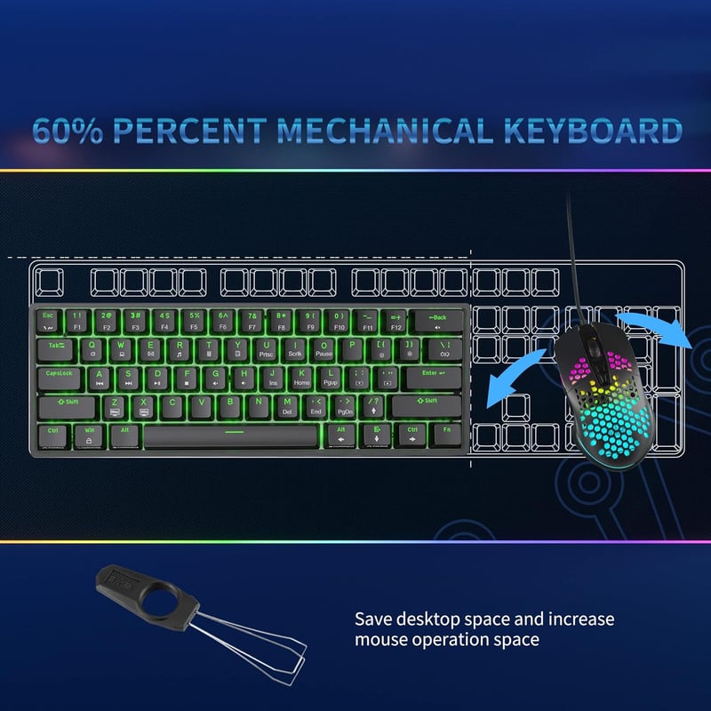 Dierya DK61se Mechanikus Gamer Billentyűzet, 60% Kompakt, 61 Gombos, Kék Kapcsolós, Anti-Ghosting, USB-C, Kék Háttérvilágítás, Windows Kompa