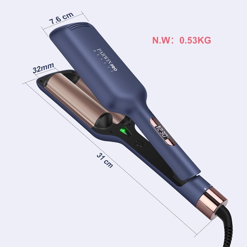 PARWIN PRO BEAUTY 32 mm-es Hableány Hajgöndörítő Vas - 4 Hőfokozatú Dupla Csöves Hullámosító Minden Hajtípushoz, Azúrkék