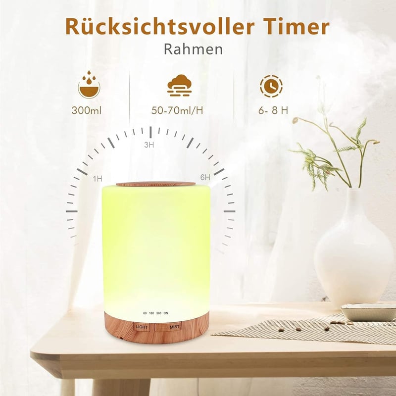 Aroma Diffúzor 300ml - Ultrahangos Párásító 7 LED Színnel, Automatikus Kikapcsolással