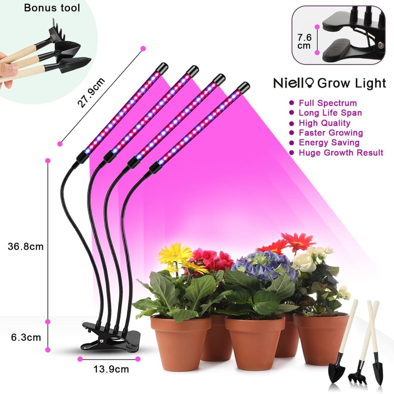 Niello LED Növénylámpa 80 LED-del - Teljes Spektrumú Növénynevelő Lámpa 10 Fényerőszinttel, 3 Móddal, 4 Fejjel és Időzítővel Kertészkedéshez