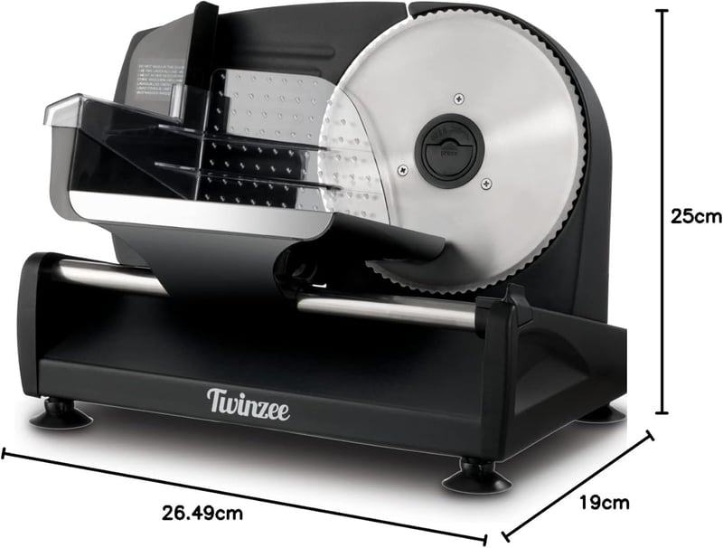Twinzee Elektromos Szeletelőgép - Állítható Vastagságú (0-15mm) Rozsdamentes Acél Kenyér, Hús és Sajt Vágó 2 Cserélhető Pengével, 150W, Feke