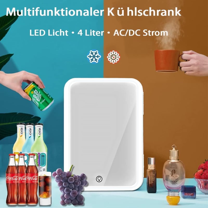 VNIMTI 4 literes hordozható kozmetikai hűtő LED tükörrel, autóba és otthonra - fehér
