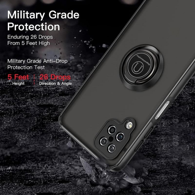 Samsung A12 Átlátszó Ütésálló Tok Forgatható Gyűrűvel - Fekete