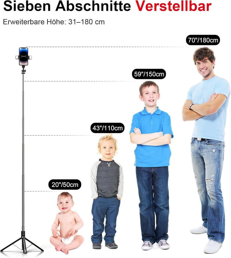 ASHINER 180cm-es LED fényes szelfibot állvánnyal, iPhone és Android kompatibilis