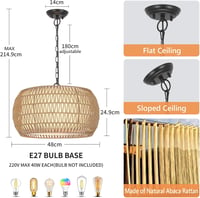 Rayofly Rattan Függőlámpa - 5 Izzós Nagy Méretű Boho Csillár Étkezőasztalhoz, Vintage Rattan Lámpaernyővel 6