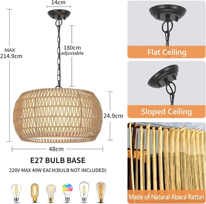 Rayofly Rattan Függőlámpa - 5 Izzós Nagy Méretű Boho Csillár Étkezőasztalhoz, Vintage Rattan Lámpaernyővel