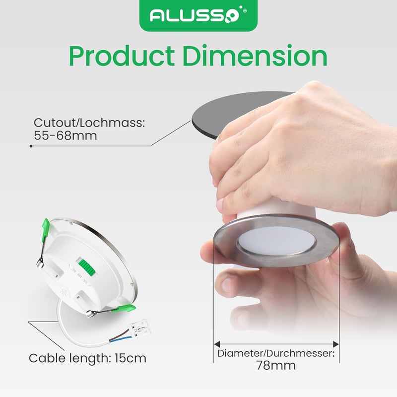 ALUSSO LED Süllyesztett Mennyezeti Spotlámpa Szett, 230V, Dimmelhető, 68mm, 4W, IP44, 3 Színhőmérséklet, Fürdőszobába, Konyhába, 12db