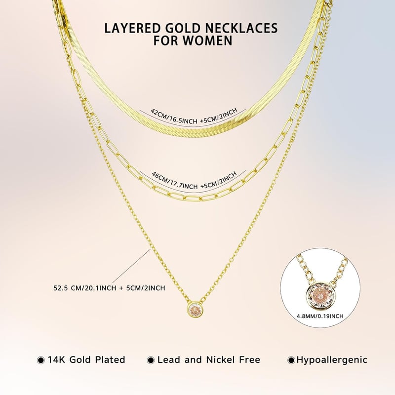 DIVINA VITAE Réteges Női Nyaklánc 14K Arany Bevonattal - Cirkónia Medálos Elegáns Ékszer, Lapos Kígyólánc, Rozsdamentes Acél Choker
