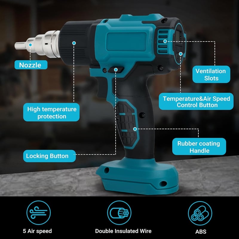 DriSubt Hőlégfúvó Makita 18V Akkumulátorokhoz - LCD Kijelző, 550°C, Állítható Hőmérséklet, 8 Fúvóka, Festékeltávolításhoz, Forrasztáshoz, Ba