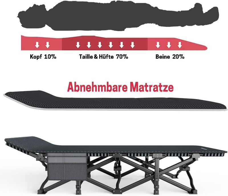 ATORPOK SHOP Összecsukható Kemping Ágy 200 kg Teherbírással - Hordozható Utazóágy Oldaltáskával, Fekete, Erős Acélváz, 190x70x35 cm