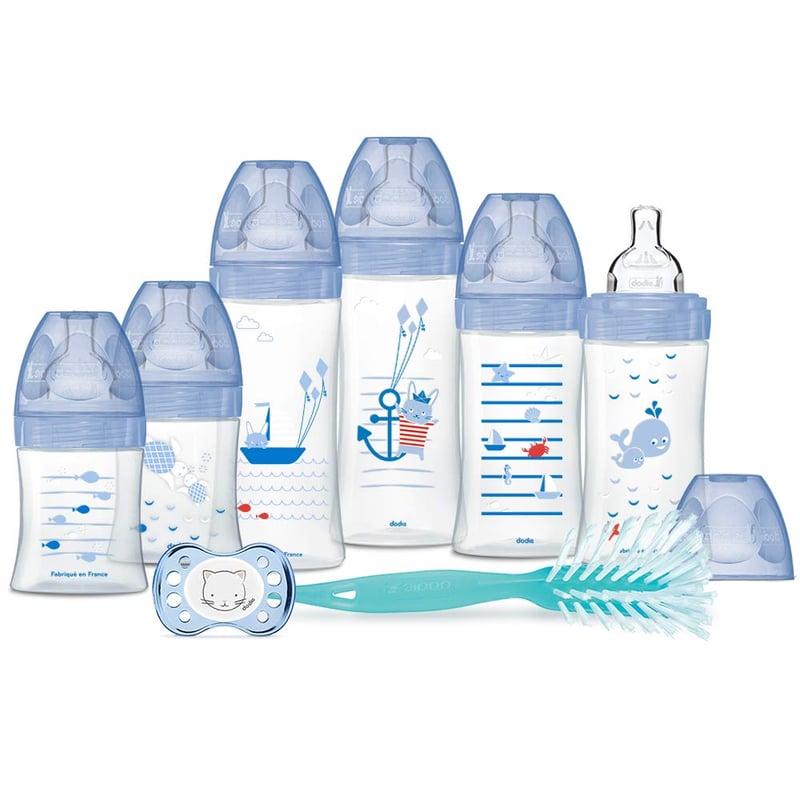 Dodie Újszülött Készlet - 6 Anticolic Cumisüveg (150-330 ml), Cumi, Üvegmosó Kefe, BPA-mentes, Kék Tengeri Dizájn