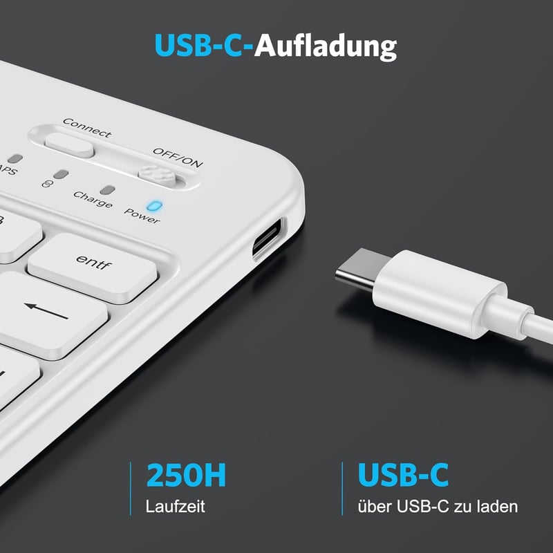 Emetok Német QWERTZ Bluetooth Billentyűzet iPad/iPhone/Samsung/Android Készülékekhez - Ultravékony, Újratölthető, Vezeték Nélküli, Fehér