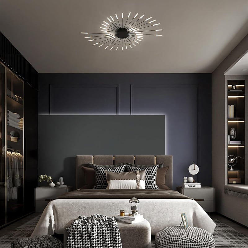 minifair Modern LED Mennyezeti Lámpa 42 Fejes Fényerőszabályozható Fekete Csillár 3000K-6000K Távirányítóval Hálószobába Nappaliba Irodába