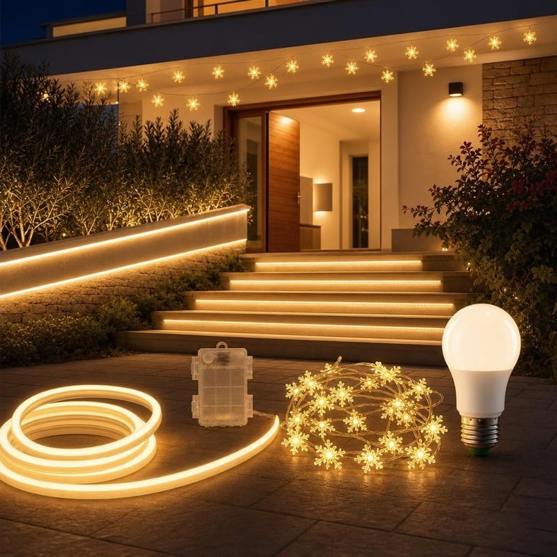 Pachet Iluminat Ambient: 2m bandă LED + 6m ghirlandă fulgi 40 LED + bec E27