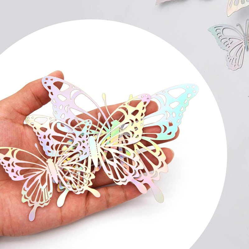 Fényes 3D pillangó falmatrica szett 120 db - Dekoratív fémhatású DIY lakásdekoráció